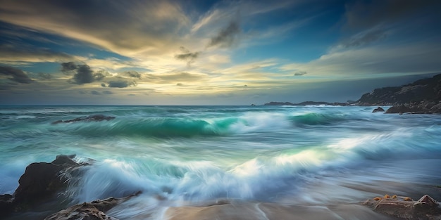 Ver playa olas rompiendo rocas hidrógeno crepúsculo impresionante borde cuadrado tumultuoso blanco cian