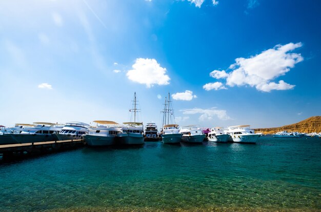 Foto ver en el puerto con barcos blancos