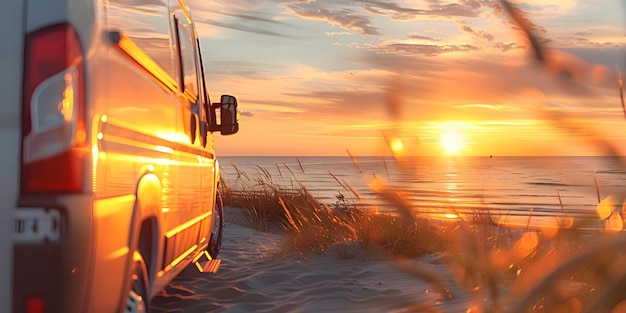 Foto ver la puesta de sol desde una camioneta de campamento frente a la playa en vacaciones concepto campamento frente a las playas vistas de puesta de sol al aire libre aventura vacaciones relajación naturaleza escapadas