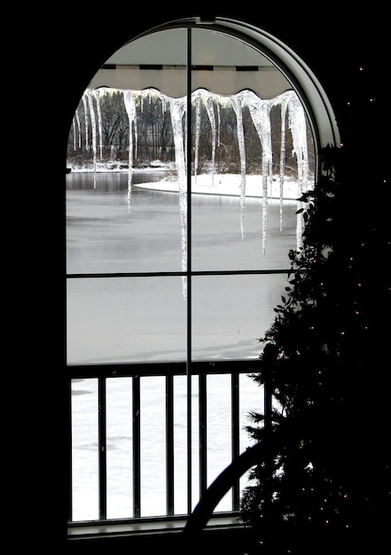 Ver a través de la ventana en el río congelado con árbol de navidad junto a él