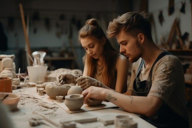 Verabredetes Paar kreiert Vase im Keramikstudio Generative Ai
