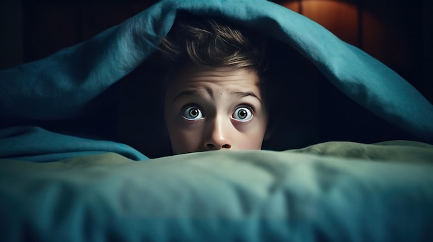 Verängstigter Junge versteckt sich im Bett. Generative KI