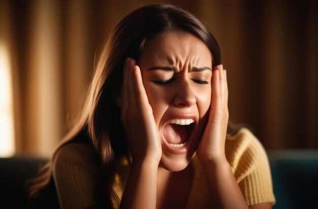 verärgert weiße Frau schreit und weint zu Hause im Inneren Schock und emotionaler Zusammenbruch Depression