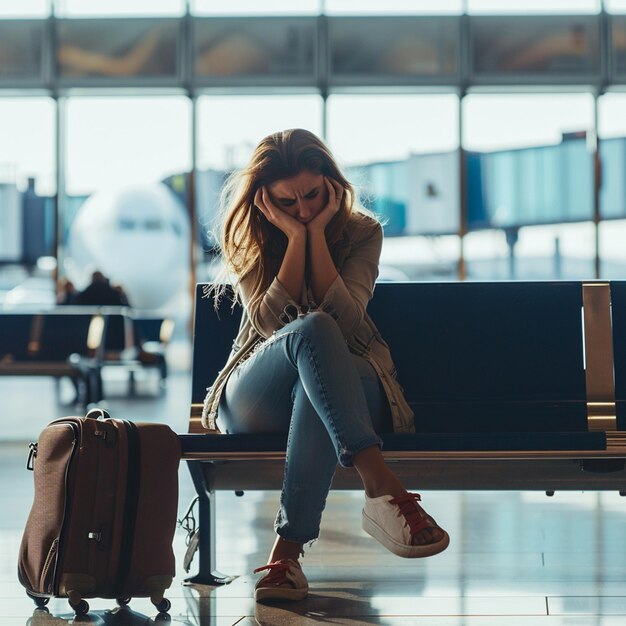 Verärgerte Frau mit Flughafen- und Flugverzögerung sitzt auf der Bank bei Reisebeschränkungen oder Flugstörungen