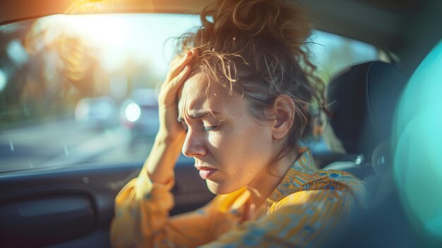 Foto verärgerte oder müde fahrerin reibt sich die nase und die stirn, sitzt im auto und fährt eine frau mittleren alters