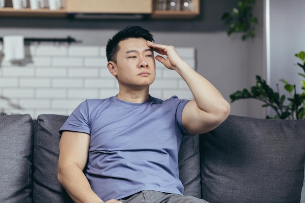 Verärgerter asiatischer Mann zu Hause, der müde und deprimiert auf der Couch im Wohnzimmer sitzt