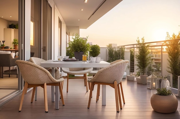 Veranda de balcón al aire libre con moderna mesa de muebles al aire libre y sillas en la luz de la noche