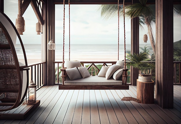 Veranda de casa de luxo com balanço pendurado e praia