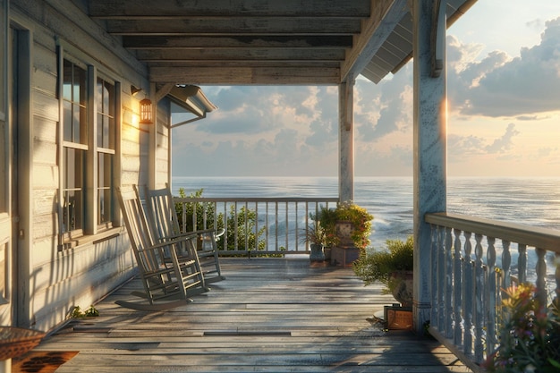 Foto veranda de uma casa de campo costeira com cadeiras de balanço