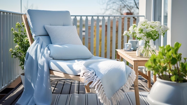 Veranda de varanda em estilo escandinavo Cadeira de madeira com travesseiros brancos e cobertor Dia de primavera ensolarado no norte da Europa
