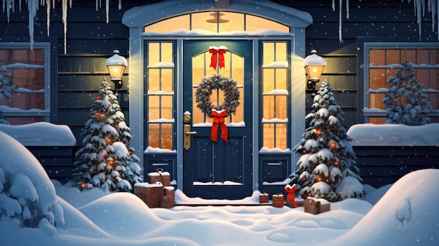 Veranda e porta da frente com bela decoração de Natal criada com tecnologia de IA gerativa
