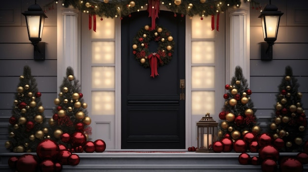 Veranda e porta da frente com bela decoração de Natal criada com tecnologia de IA gerativa