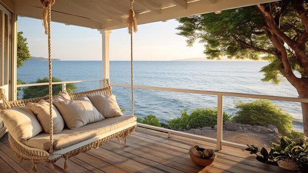 Veranda de una lujosa casa con columpio y vista a la playa IA generativa