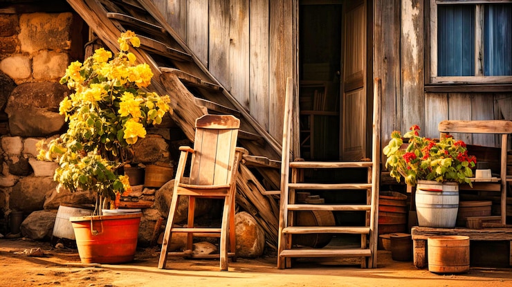 Foto veranda rústica de campo com plantas em vasos florescentes que dão as boas-vindas à serena luz da manhã rural