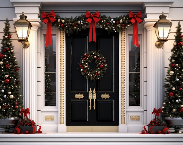 Veranda und Haustür mit wunderschönem Weihnachtsdekor, das mit Generative AI-Technologie erstellt wurde