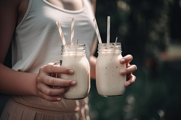 Verano con batidos y refrescos en la mano disfrutando del aire libre creado con ai generativo