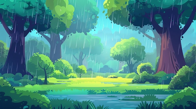 En el verano los bosques profundos están llenos de árboles verdes arbustos y caminos con un camino en clima lluvioso Ilustración de dibujos animados modernos de plataforma de juego de tierra con escena de la naturaleza