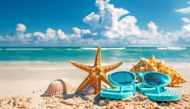 Verano caliente gafas de sol estrellas de mar zapatillas turquesas en la playa tropical de arena