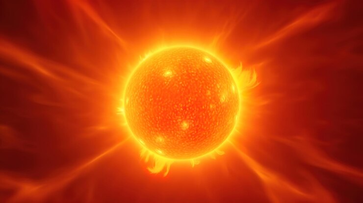 Verano caliente o ola de calor fondo cielo naranja con nubes y sol brillante ai generativo