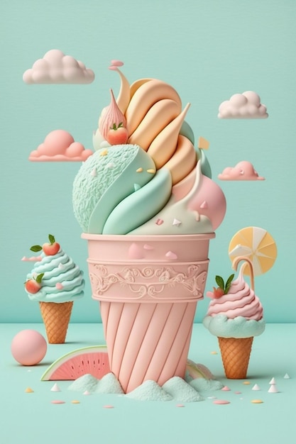 Verano colores pastel saboroso helado en cono