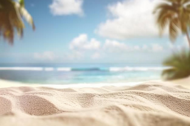 Verano exótica playa de arena con palmeras borrosas y el mar en el fondo generativo ai