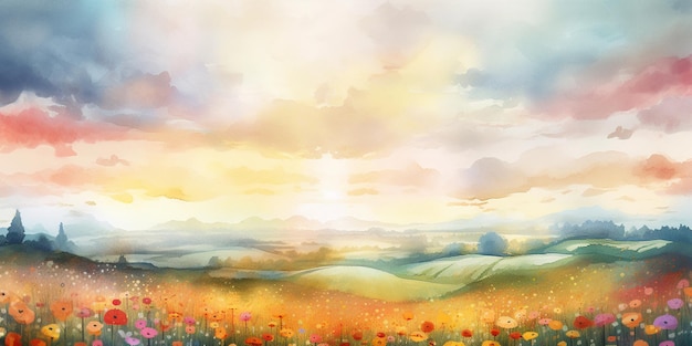 El verano florece Una acuarela pastel Pintura de un prado florido