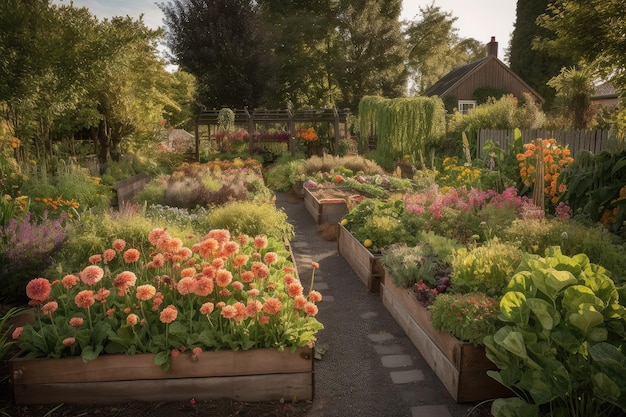 Verano con huertos repletos de productos frescos y macizos de flores en plena floración