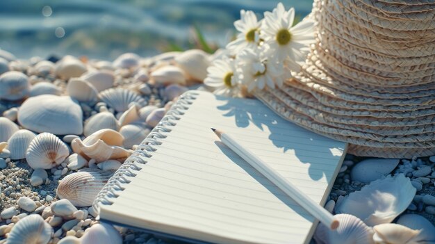 verano en el mar un cuaderno abierto junto a un sombrero de mujer en la orilla del mar