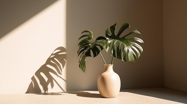 Verano moderno mínimo de planta a la luz del sol con largas sombras sobre fondo de pared beige copia espacio interior estilo de vida escena mediterránea