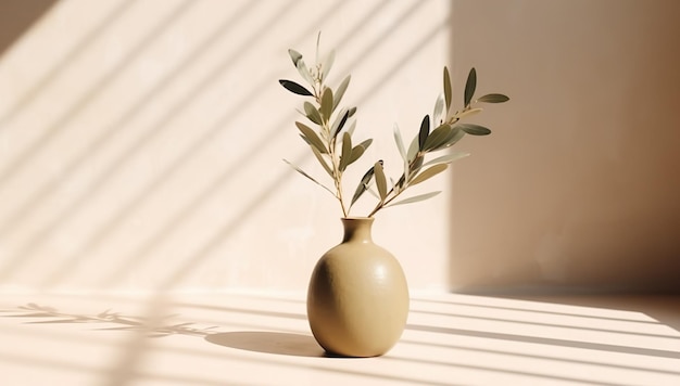 Verano moderno mínimo de rama de olivo a la luz del sol con largas sombras sobre fondo de pared beige copia espacio interior estilo de vida mediterráneo escena generativa ai