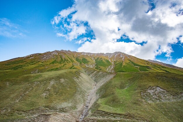 Verano montañas hierba verde y paisaje de cielo azul