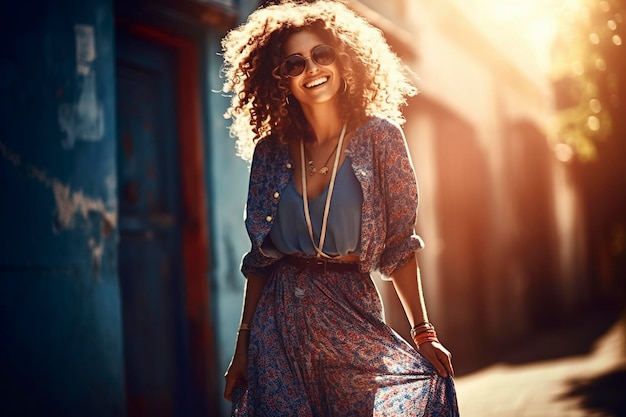 En verano, las mujeres hermosas usan ropa fresca y colorida para protegerse del sol. Usan lentes. Ai generó.