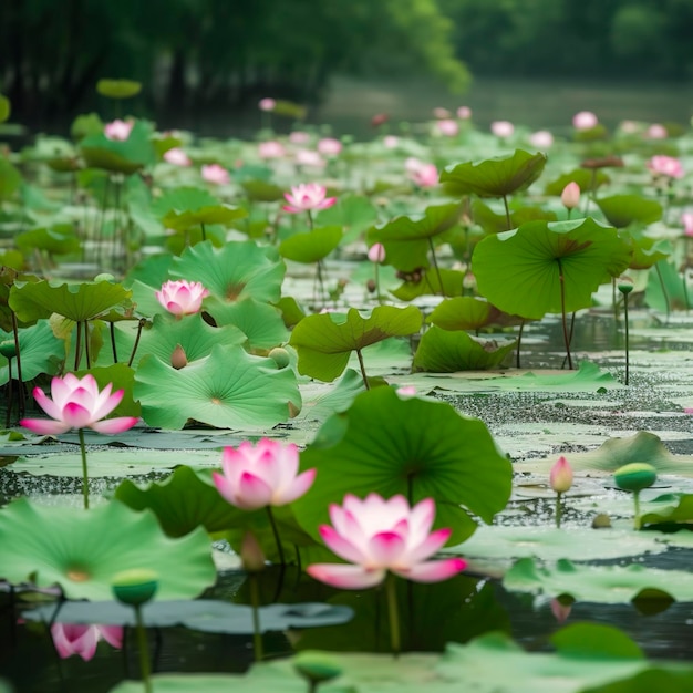 En verano, las verdes hojas de loto se balancean suavemente sobre el agua clara de la piscina, las delgadas raíces de loto se balancean con el viento y las flores de loto rosa están a punto de florecer generat ai