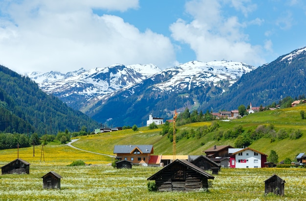 Verano con vistas al campo de montaña alpina con prado cubierto de hierba y camino a la aldea (Austria)