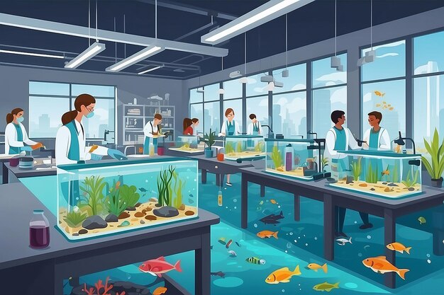 Veranschaulichen Sie ein Biologie-Labor mit Studenten, die Experimente über die Auswirkungen der Verschmutzung auf aquatische Ökosysteme durchführen.