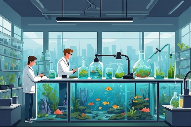Veranschaulichen Sie ein Biologie-Labor mit Studenten, die Experimente über die Auswirkungen der Verschmutzung auf aquatische Ökosysteme durchführen.