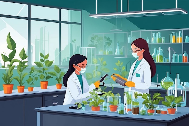 Veranschaulichen Sie ein Biologie-Labor mit Studenten, die Experimente über die Auswirkungen der Verschmutzung auf das Pflanzenleben durchführen.
