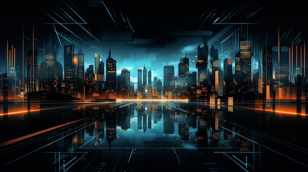 Veranschaulichen Sie ein futuristisches Stadtbild vor einem nahtlosen schwarzen abstrakten Technologie-Hintergrund