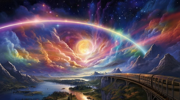 Foto veranschaulichen sie eine atemberaubende szene eines zuges, der entlang einer kosmischen regenbogenbrücke, die die erde verbindet, fährt
