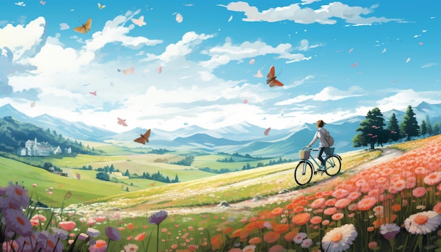 Veranschaulichen Sie eine Szene mit jemandem, der mit dem Fahrrad durch eine malerische Frühlingslandschaft fährt, voll mit Blumen, Schmetterlingen und einem blauen Himmel