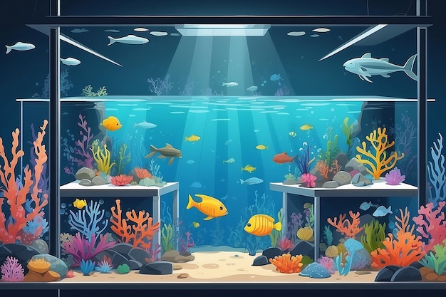 Veranschaulichen Sie einen Teil des Labors mit Schwerpunkt auf der Meeresbiologie mit einer Vektorillustration aquatischer Ökosysteme im flachen Stil