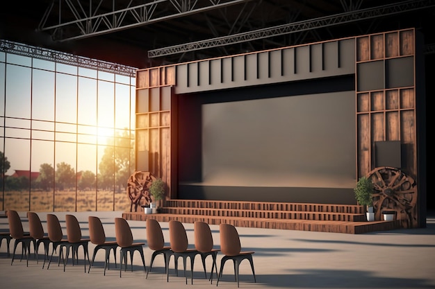 Veranstaltungsbühne aus Holz und Metall mit Konferenzstühlen im Industriedesign mit 3D-Rendering auf Großbildschirm