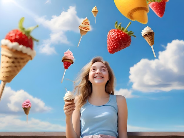 Verão abaixo e uma mulher com sorvete em um céu azul para viagens pela liberdade e comida doceGenerative AI