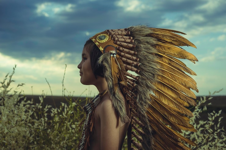 Foto verão, criança brincando ao pôr do sol vestida como um índio americano, vestindo uma pluma de penas indianas e peitoral. campo de trigo e natureza