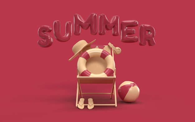 Verão de texto 3d com elementos, vidro de sol, chinelos, praia de chapéu, bola, anel flutuante e cadeira para banner de fundo ou papel de parede. design criativo do conceito de férias de férias de verão. renderização em 3d