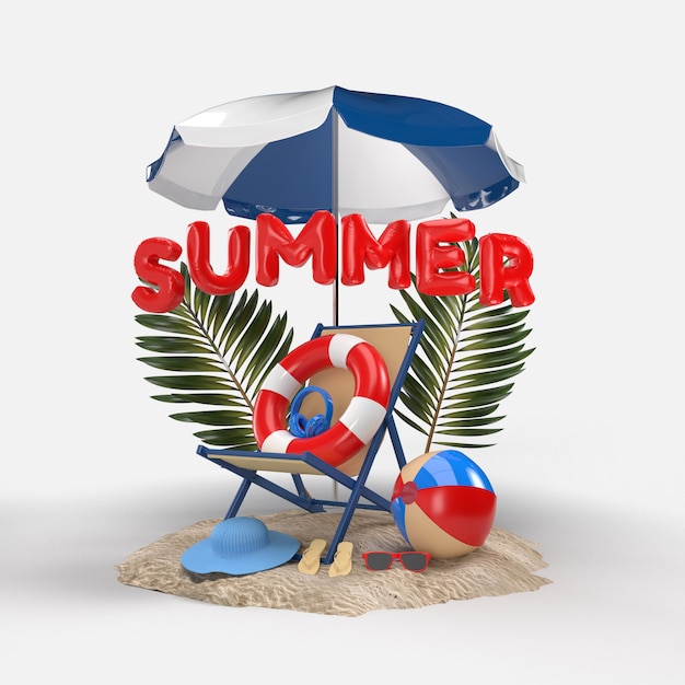Verão de texto 3d na ilha da praia com guarda-sol, vidro de sol, chinelos, bola, anel flutuante, folha de plam e cadeira. projeto do conceito de férias de verão férias. renderização em 3d