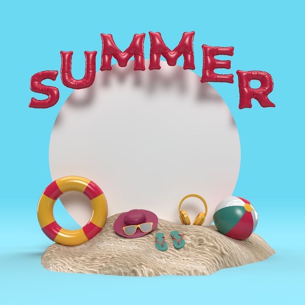 Verão de texto 3D na ilha da praia com vidro de sol, flip-flops, bola, anel flutuante, relaxamento em folha de palmeira ao ar livre com espaço de texto para o fundo. Projeto do conceito de férias de verão férias. Renderização em 3D
