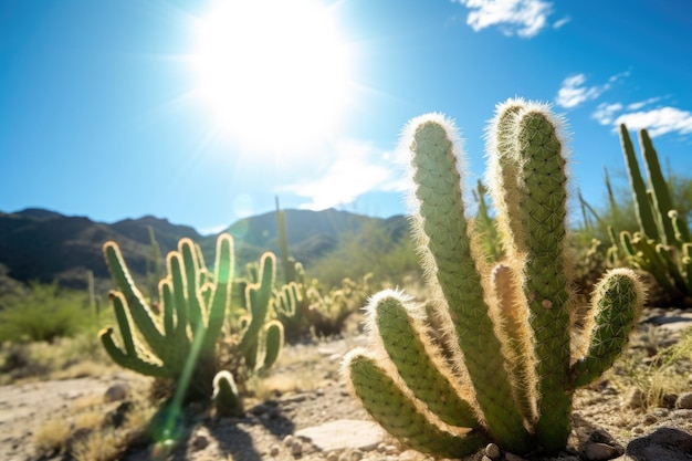 Verão ensolarado no deserto de cactos