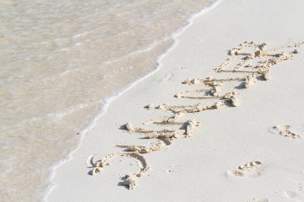 Verão escrito na praia com ondas.