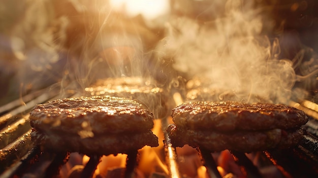 Foto verão grelhando hambúrgueres cozinhando no fumo de uma churrasqueira
